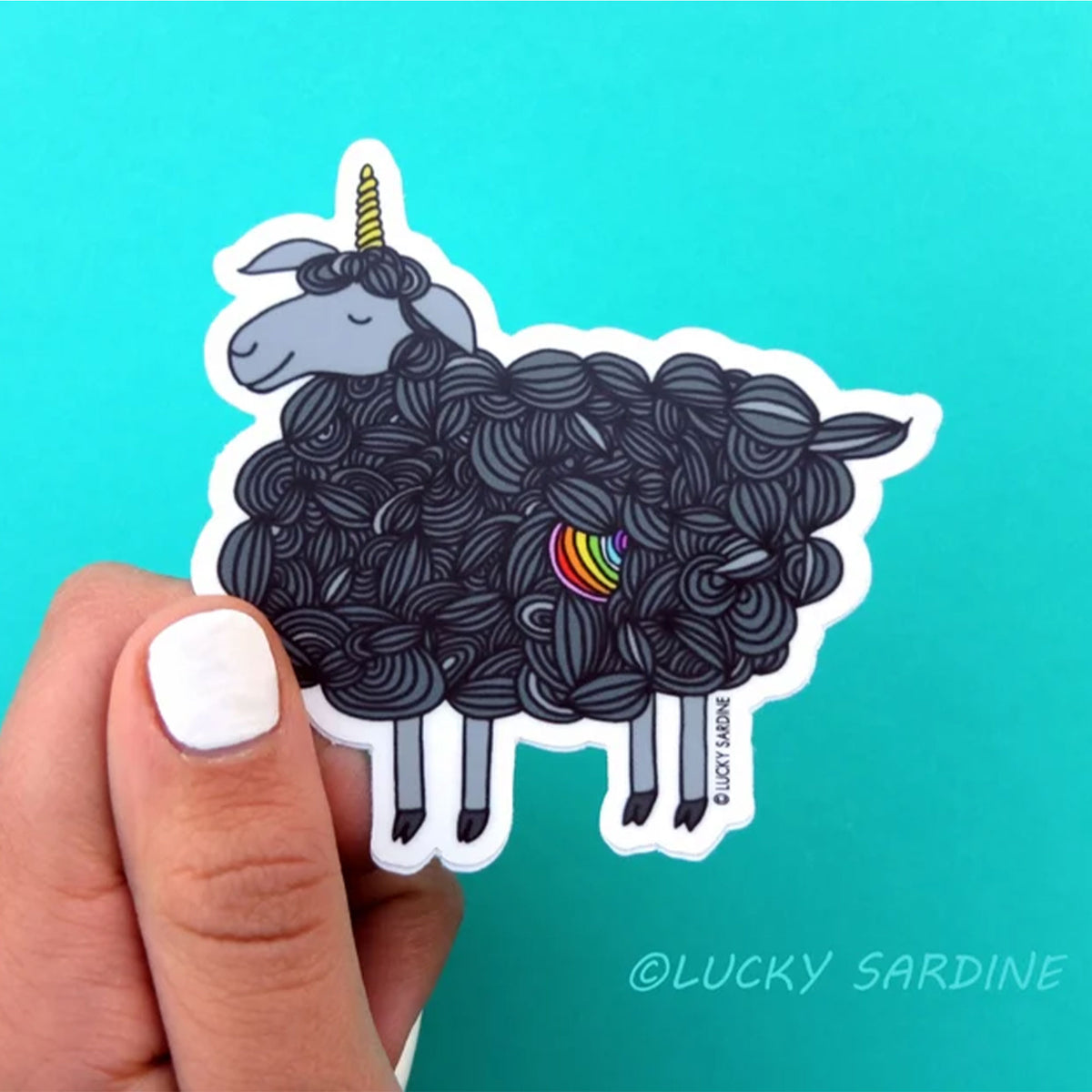 Lucky Sardine - Black Sheep Unicorn Rainbow Vinyl Sticker - Zoom Image
