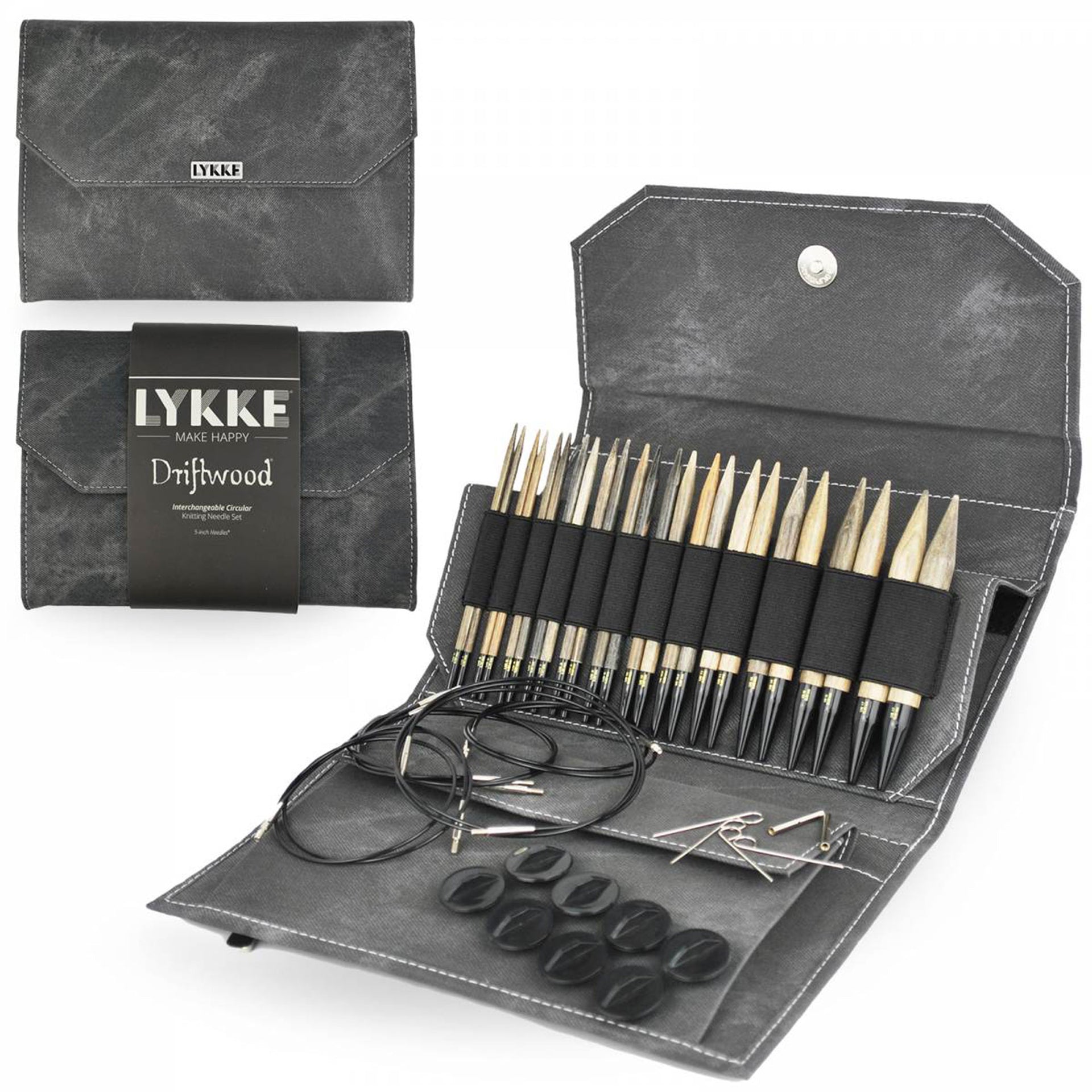 LYKKE Crafts Birchwood Interchangeable Needle Sets - Driftwood - Grey Case - 5" Tips US 4-17 - Zoom Image
