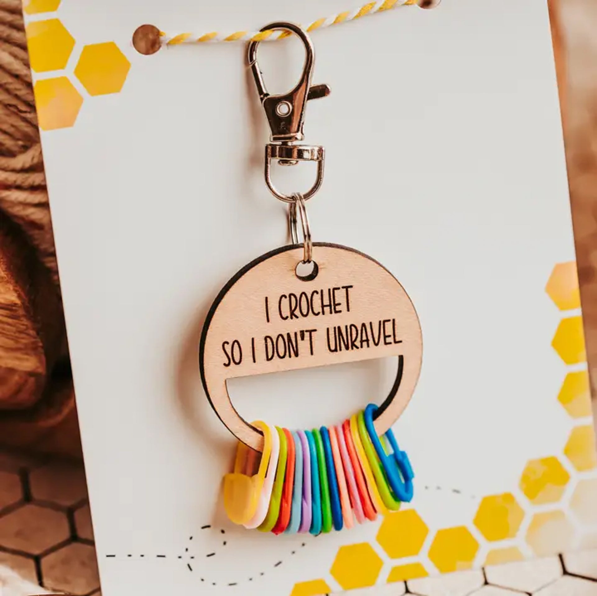 Customizable Stitch Marker Holder Keychain - I crochet so I don't unravel
